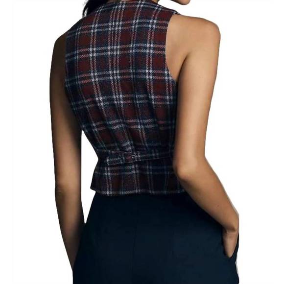 NEW EVA FRANCO plaid button-front vest in navy - Picture 2 of 4